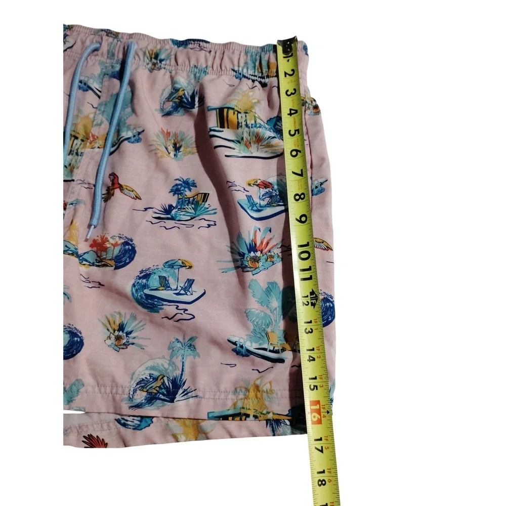 George Mens Swim Trunks Large Pink Tropical Parrot Palm Tree Print Elastic Waist